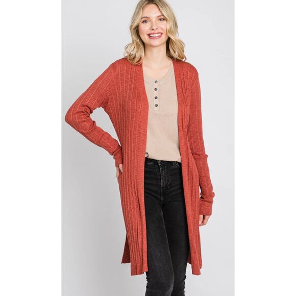 Hem & Thread Cottagecore Chestnut Ribbed Side Slit Cardigan - Picture 5 of 5